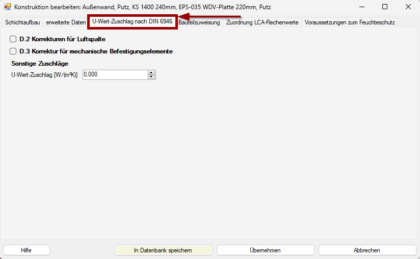 Registerkarte U-Wert Zuschlag DIN 6946