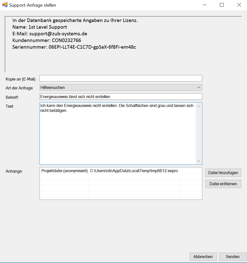 Eingabe der Support-Anfrage