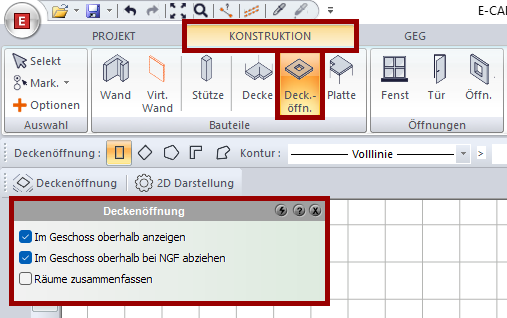 Einstellungen zur Deckenöffnung